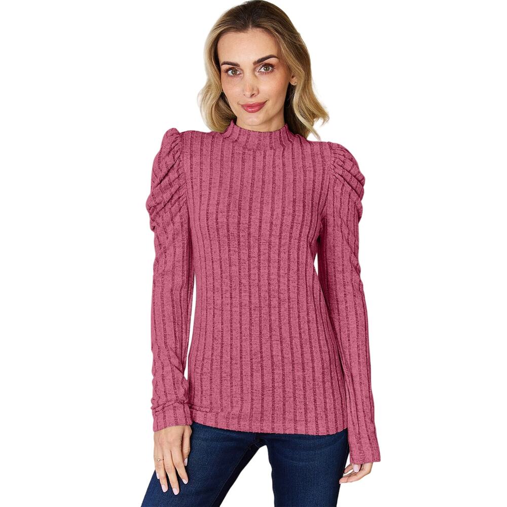 BASIC BAE Pink Ribbed Mock Turtleneck Puff Sleeve Stretchy Top NEW Misses